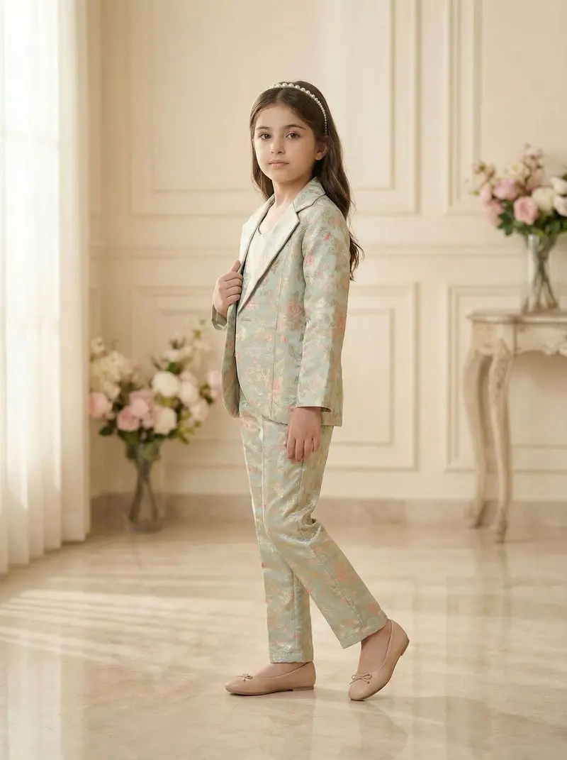 Mint Green Coat Suit With Floral Prints 2