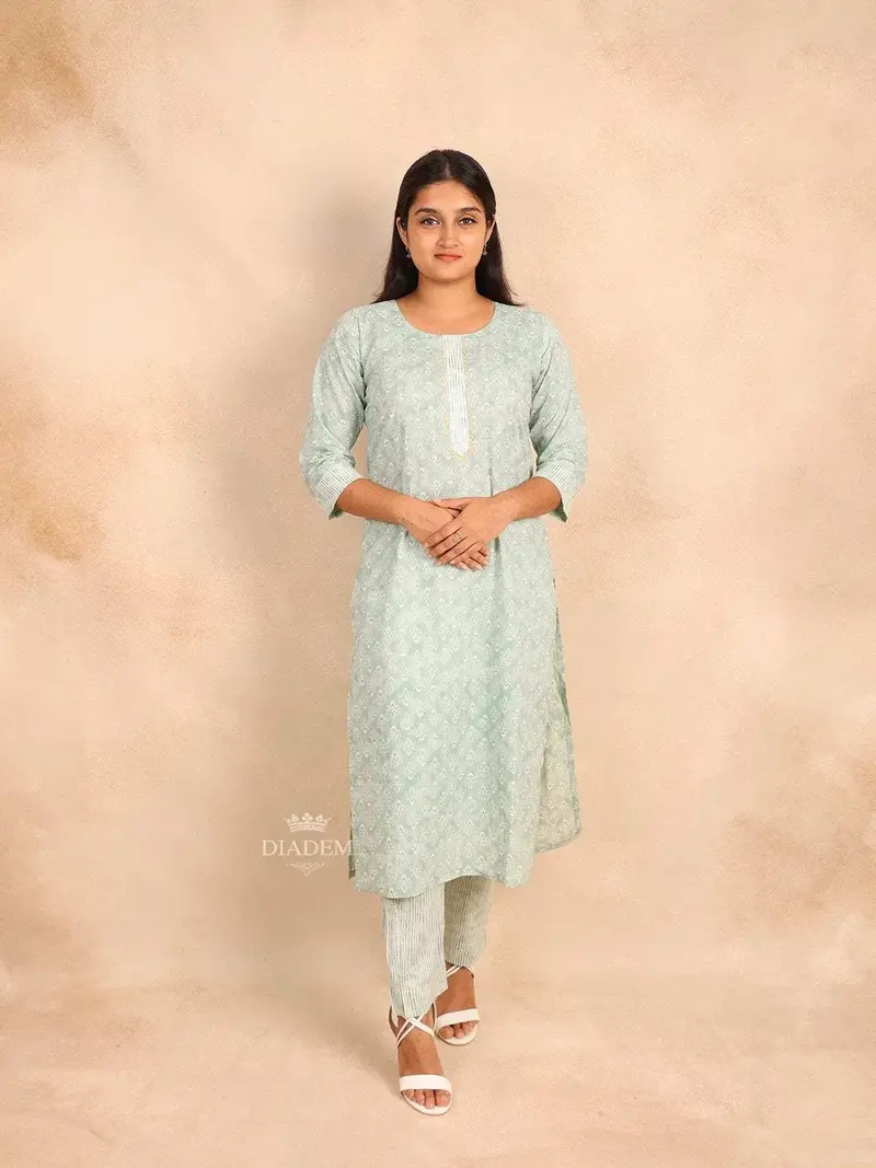 Mint Green Cotton Straight Cut Salwar Suit  Adorned With Floral Prints And Sequins 1