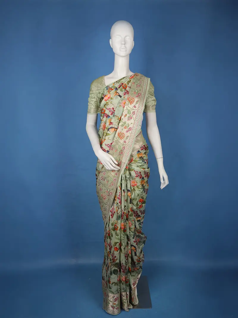 Mint Green Floral And Bird Printed Tussar Silk Saree 1