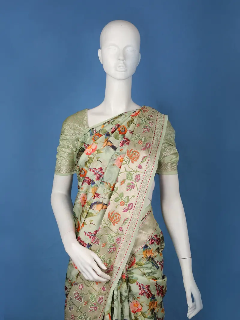 Mint Green Floral And Bird Printed Tussar Silk Saree 2