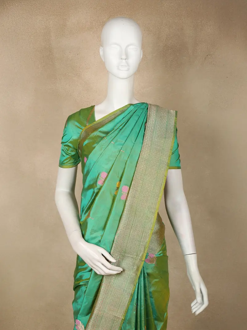Mint Green Floral Butta Woven Design Pure Banarasi Saree 2