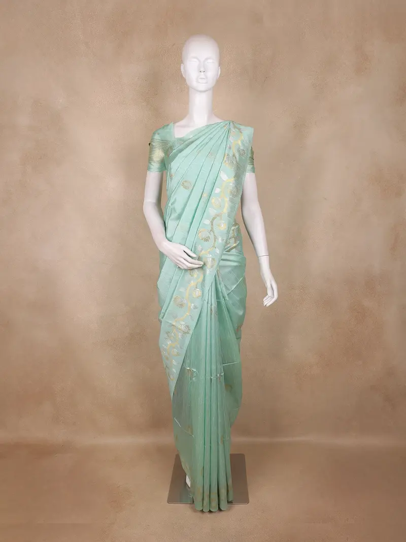 Mint Green Floral Butta Woven Design Semi Tussar Saree 1