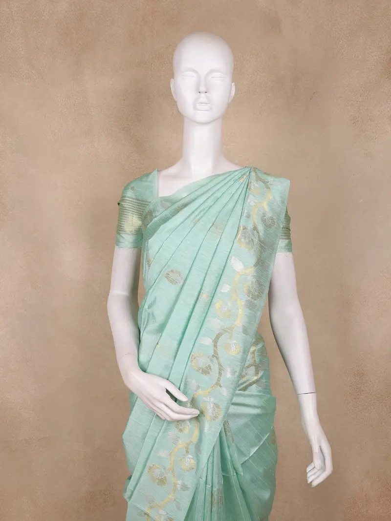 Mint Green Floral Butta Woven Design Semi Tussar Saree 2