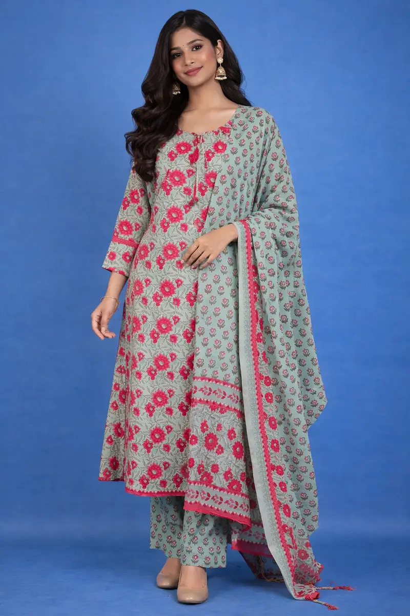 Mint Green Floral Design Printed Cotton Salwar Suit 1