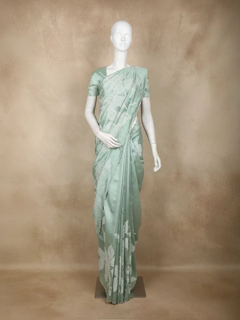 Mint Green Floral Design Tussar Saree With Applique Work 1