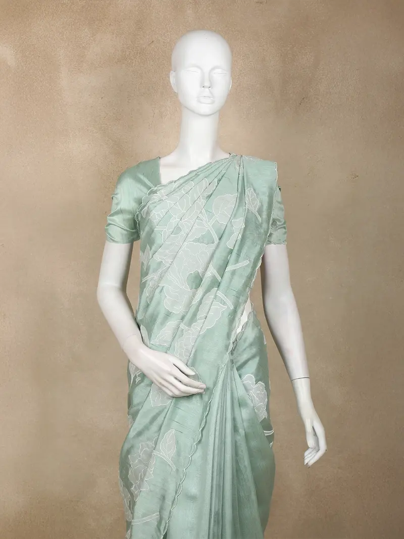Mint Green Floral Design Tussar Saree With Applique Work 2
