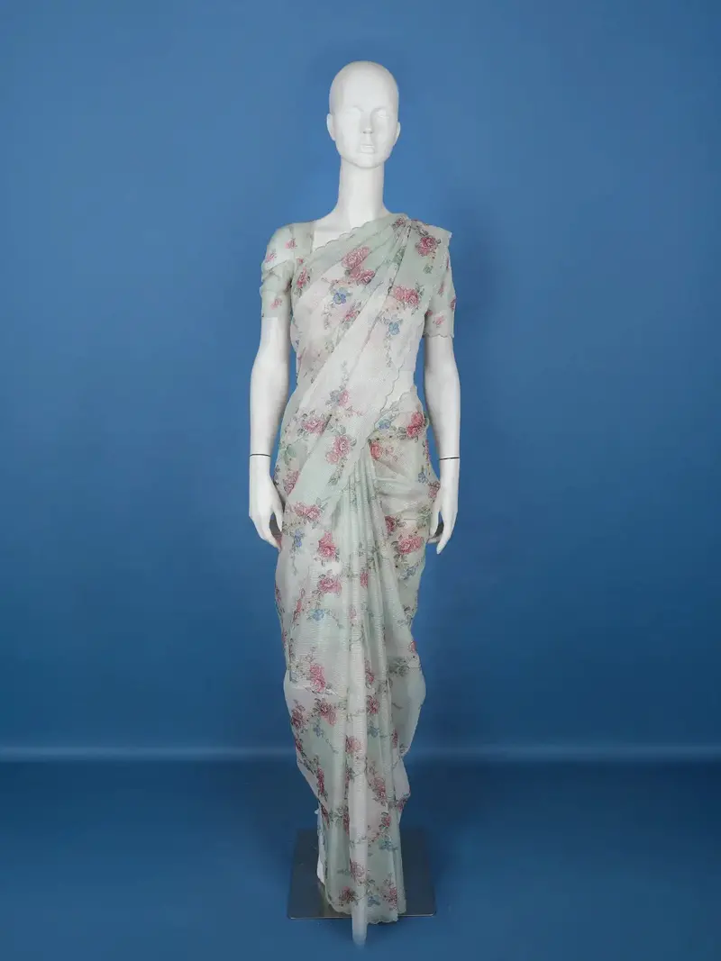 Mint Green Floral Designed  Kota Cotton Saree 1
