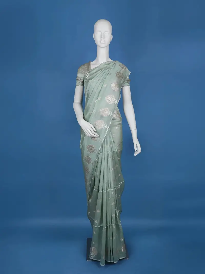 Mint Green Floral Designed Semi Silk Saree 1