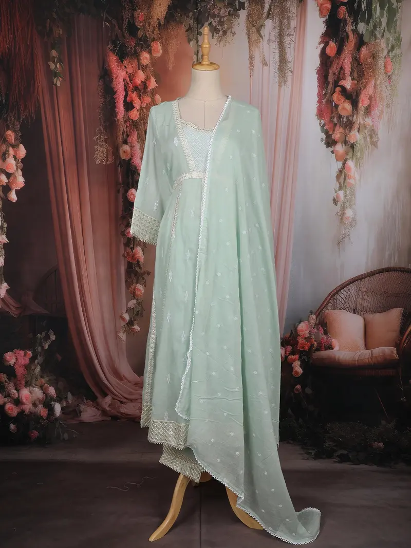 Mint Green Floral Embroidered Cotton Salwar Suit With Embroidered Dupatta 1