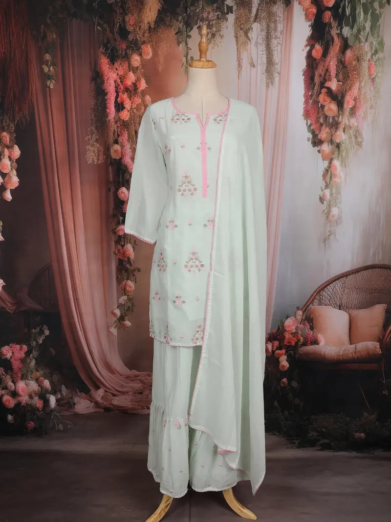 Mint Green Floral Embroidered Cotton Sharara Salwar Suit 1