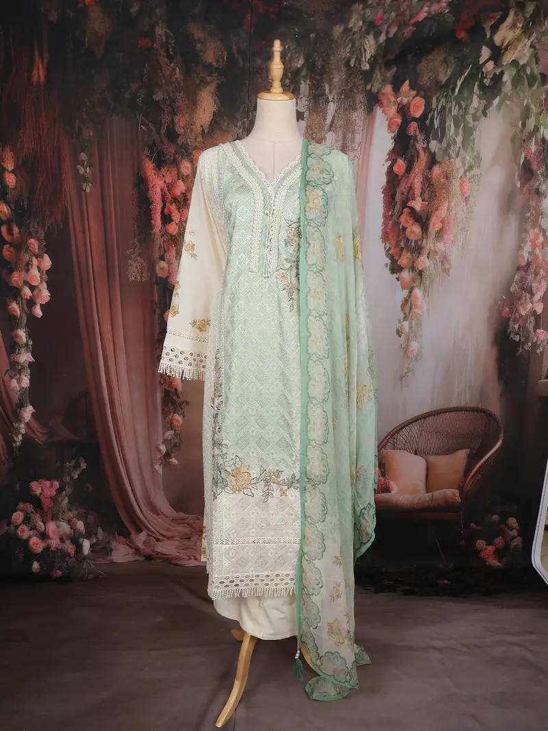 Mint Green Floral Embroidered Design Cotton Salwar Suit With Dupatta 1