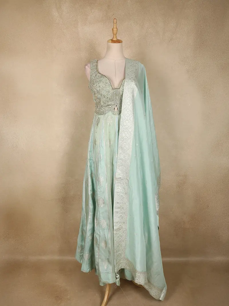 Mint Green Floral Embroidered Tissue Silk Palazzo Suit With Dupatta 1