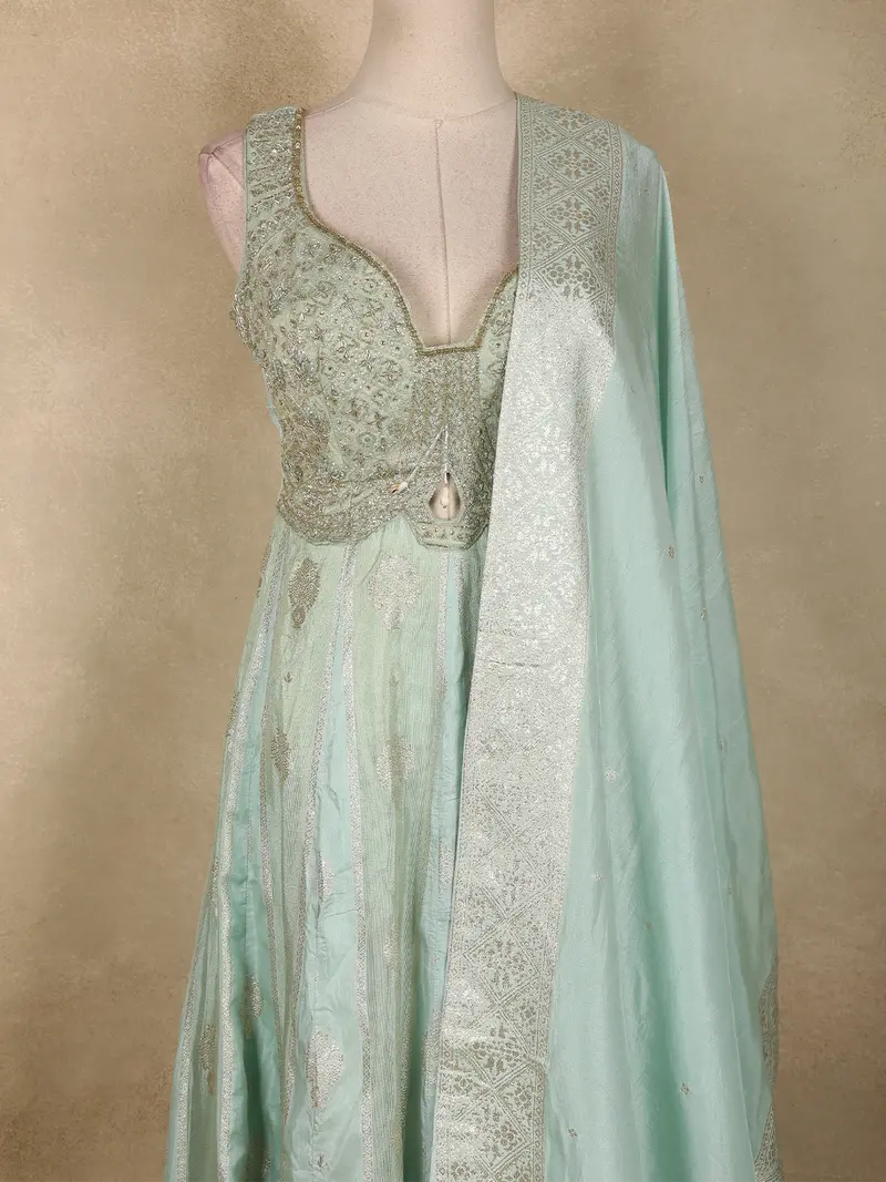 Mint Green Floral Embroidered Tissue Silk Palazzo Suit With Dupatta 2