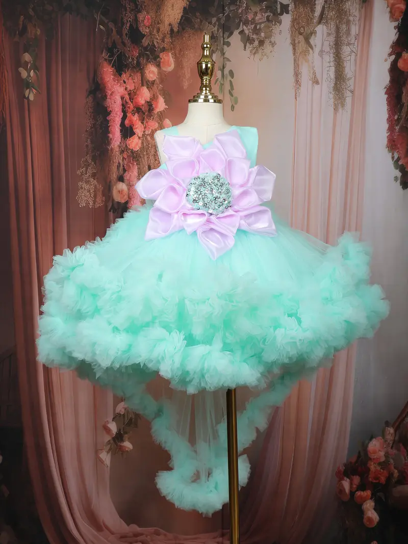 Mint Green Floral Layered Design Net Ruffle Frock 1