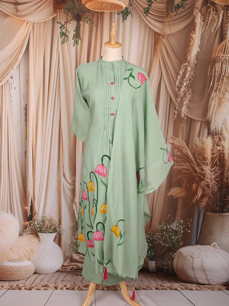 Mint Green Floral Painted Cotton Salwar Suit With Dupatta 1