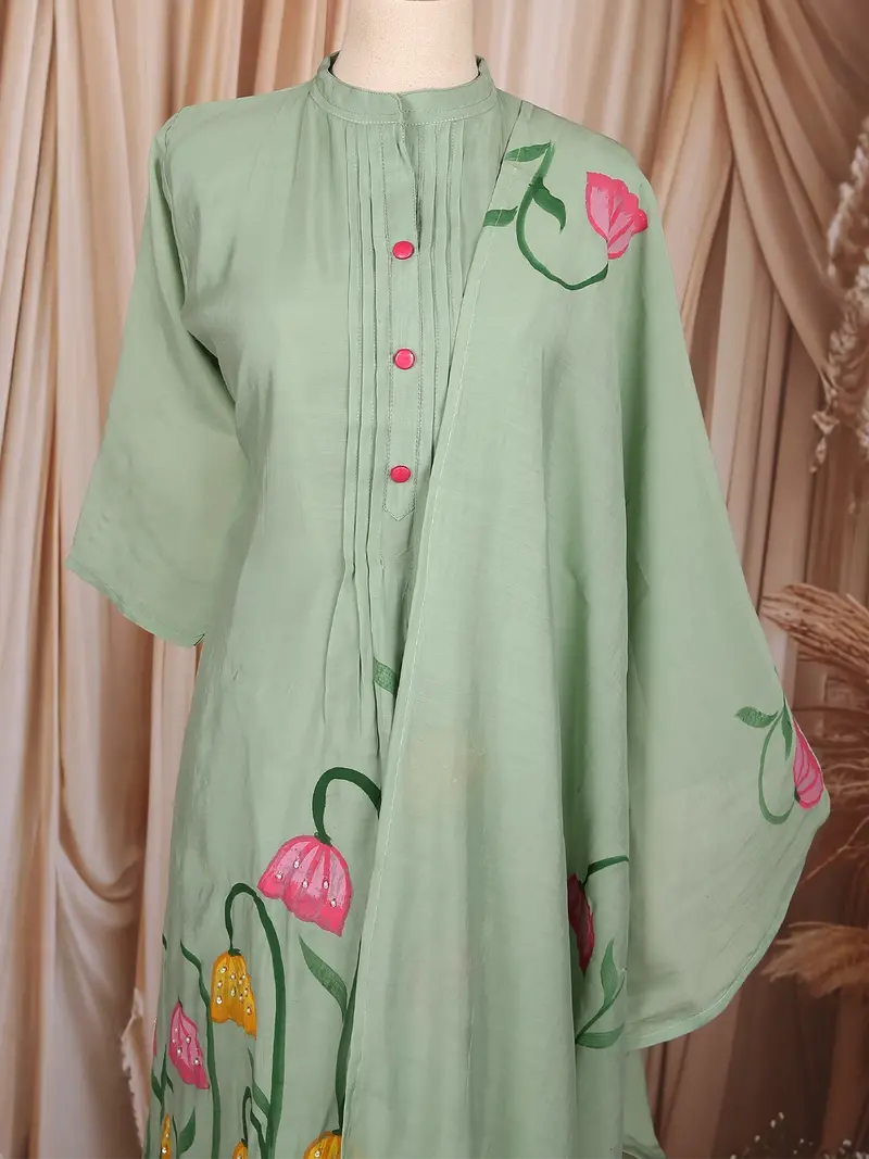 Mint Green Floral Painted Cotton Salwar Suit With Dupatta 2