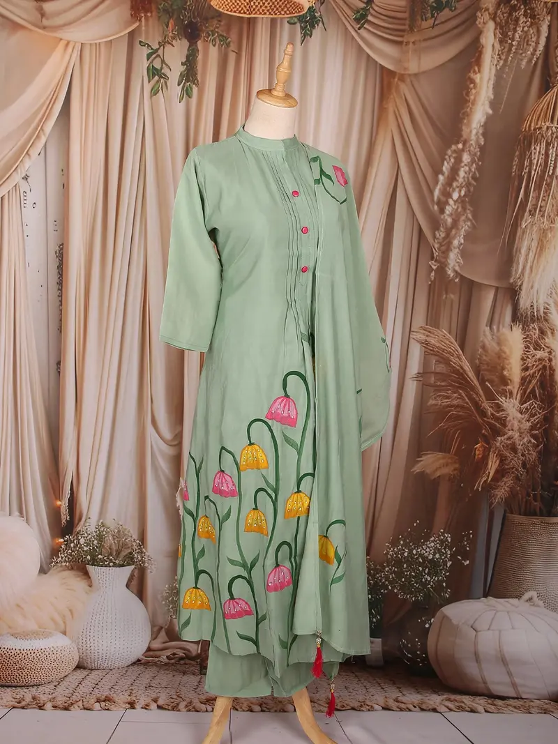 Mint Green Floral Painted Cotton Salwar Suit With Dupatta 4