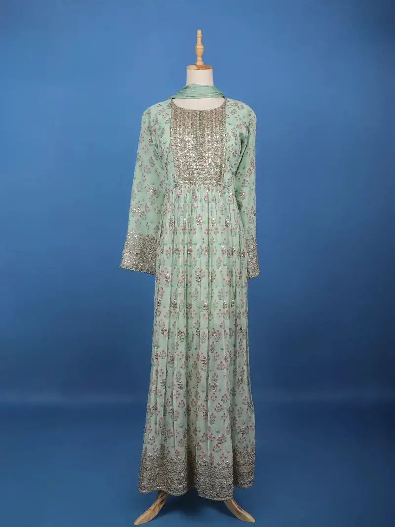 Mint Green Floral Printed Anarkali Gown Set 1