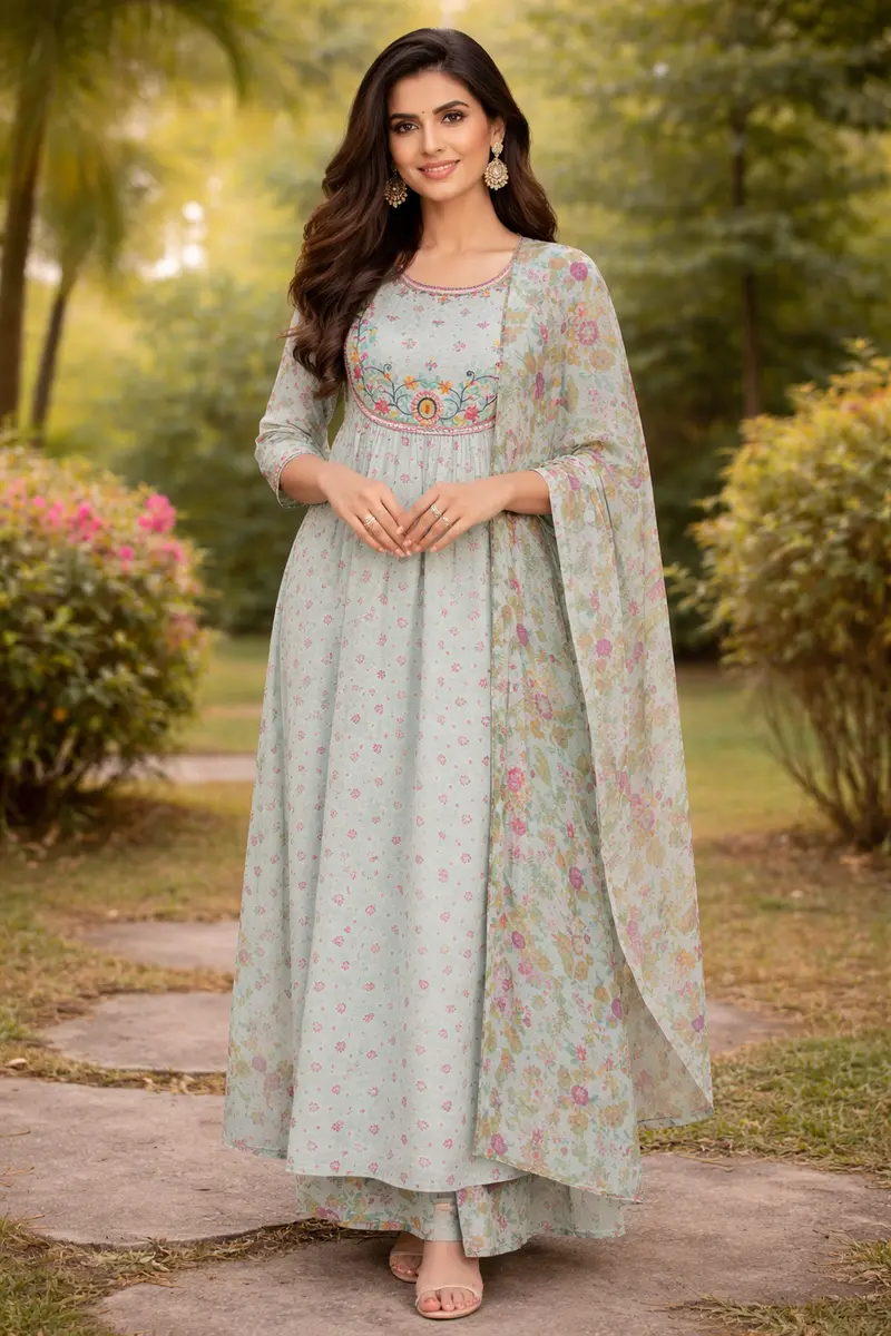Mint Green Floral Printed Cotton Salwar Suit 1