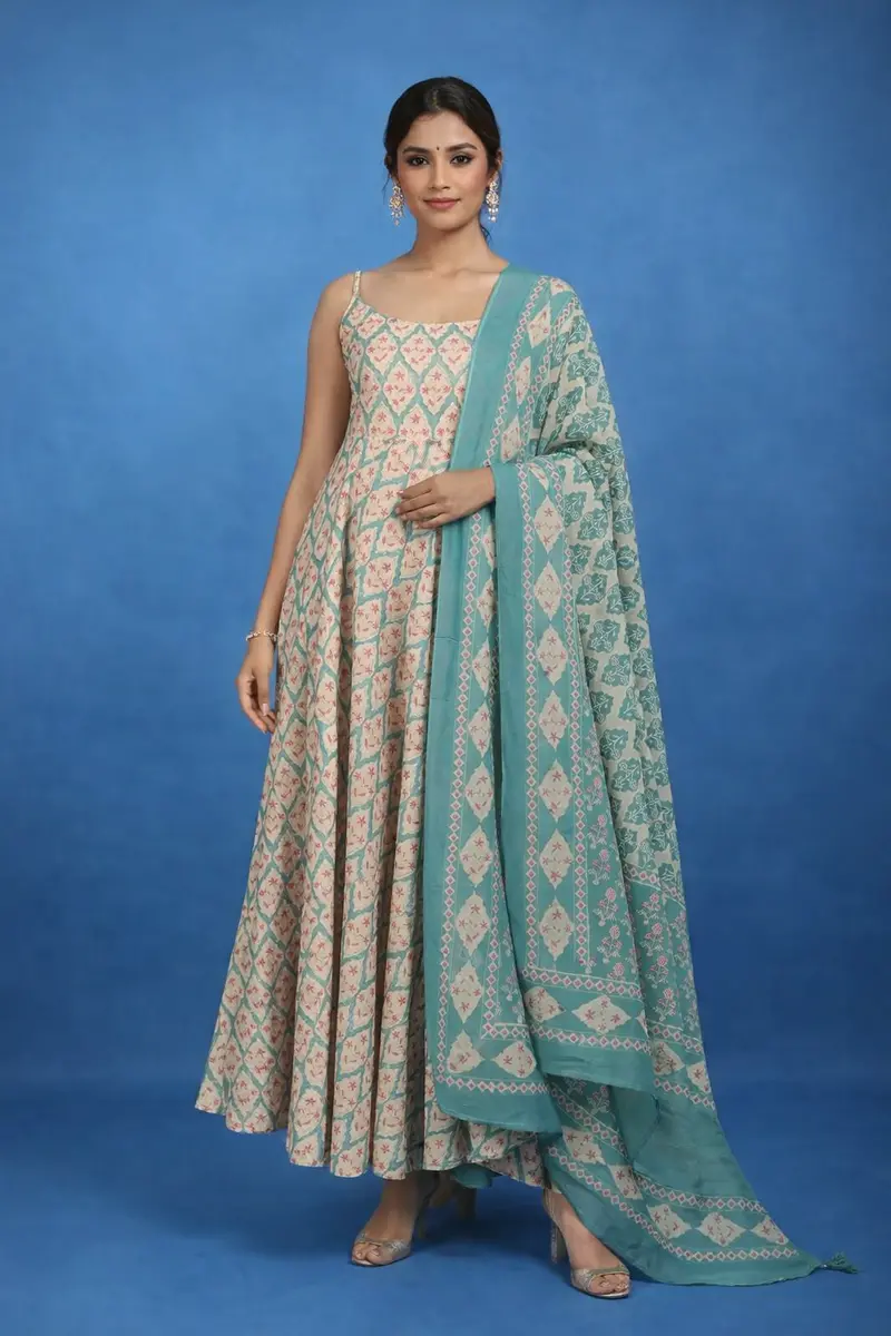 Mint Green Floral Printed Cotton Salwar Suit 1