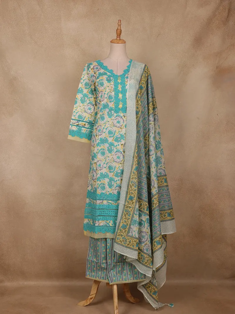 Mint Green Floral Printed Cotton Salwar Suit With Dupatta 1