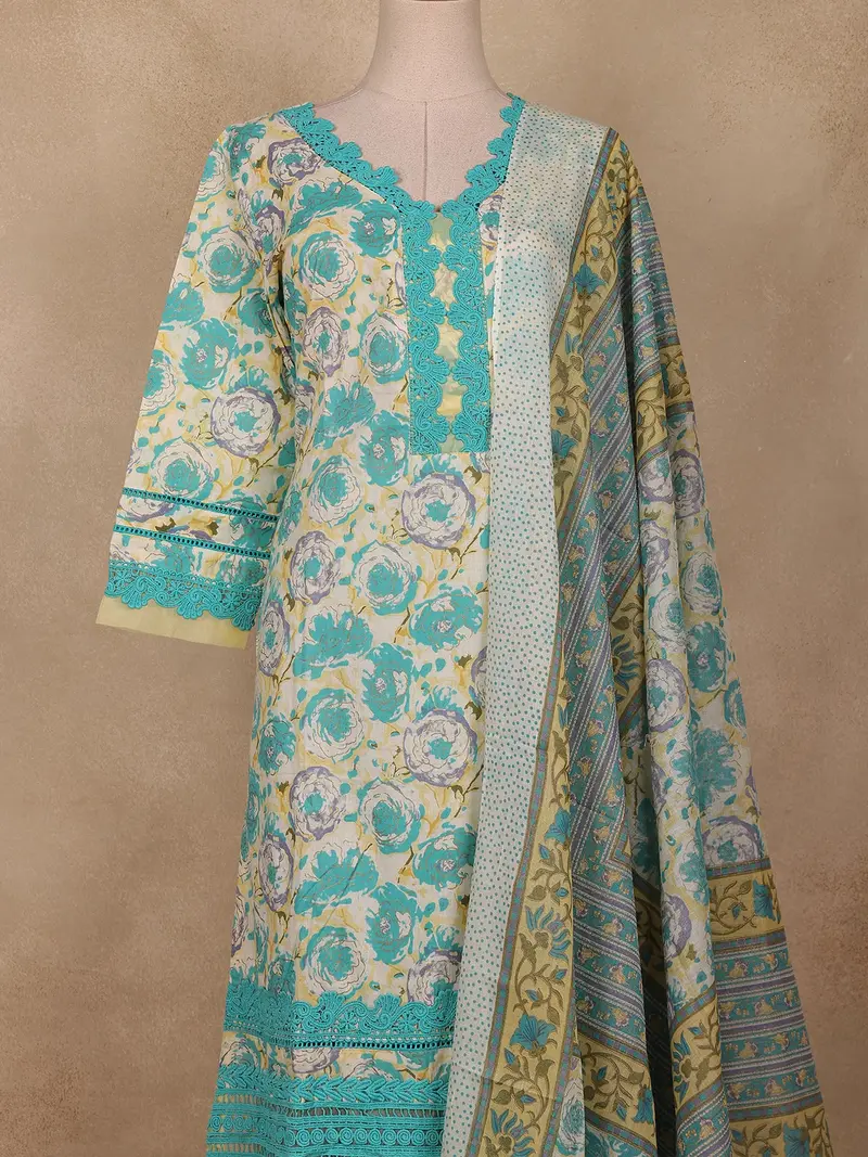 Mint Green Floral Printed Cotton Salwar Suit With Dupatta 2