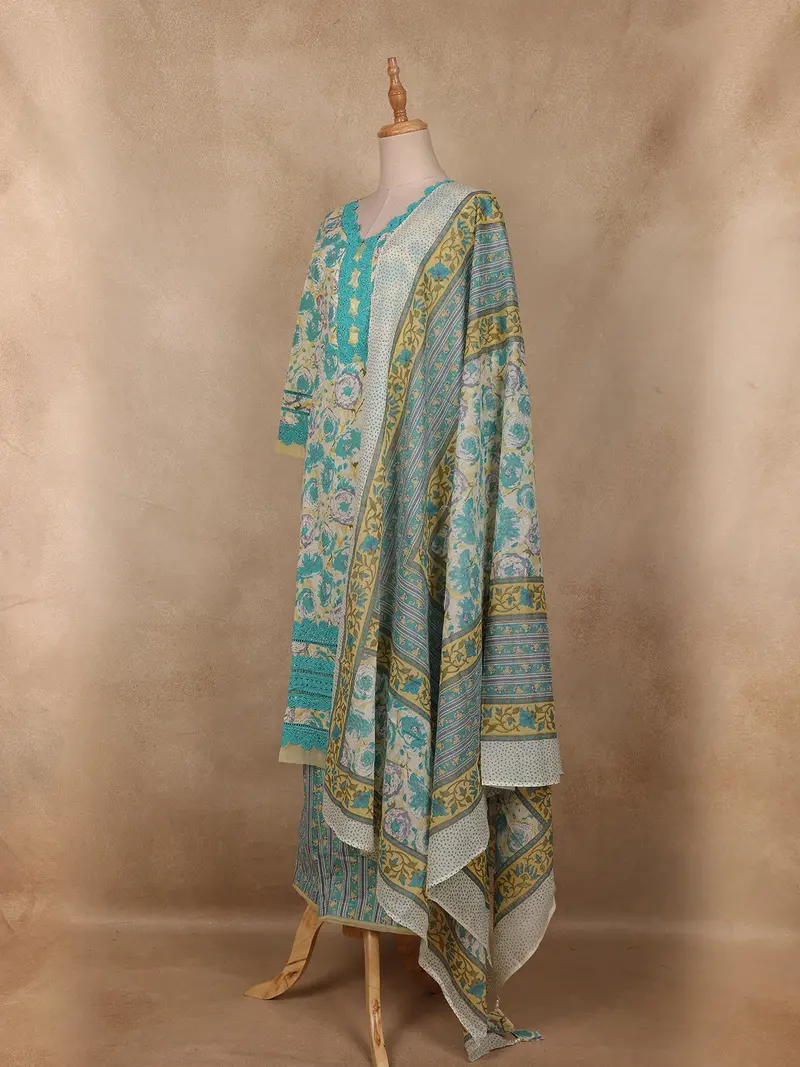 Mint Green Floral Printed Cotton Salwar Suit With Dupatta 3
