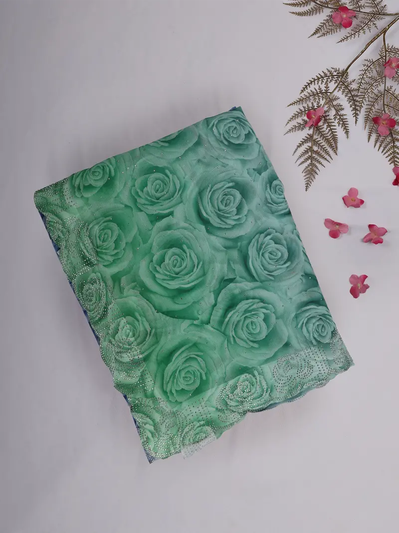 Mint Green Floral Printed Design Chiffon Saree 1