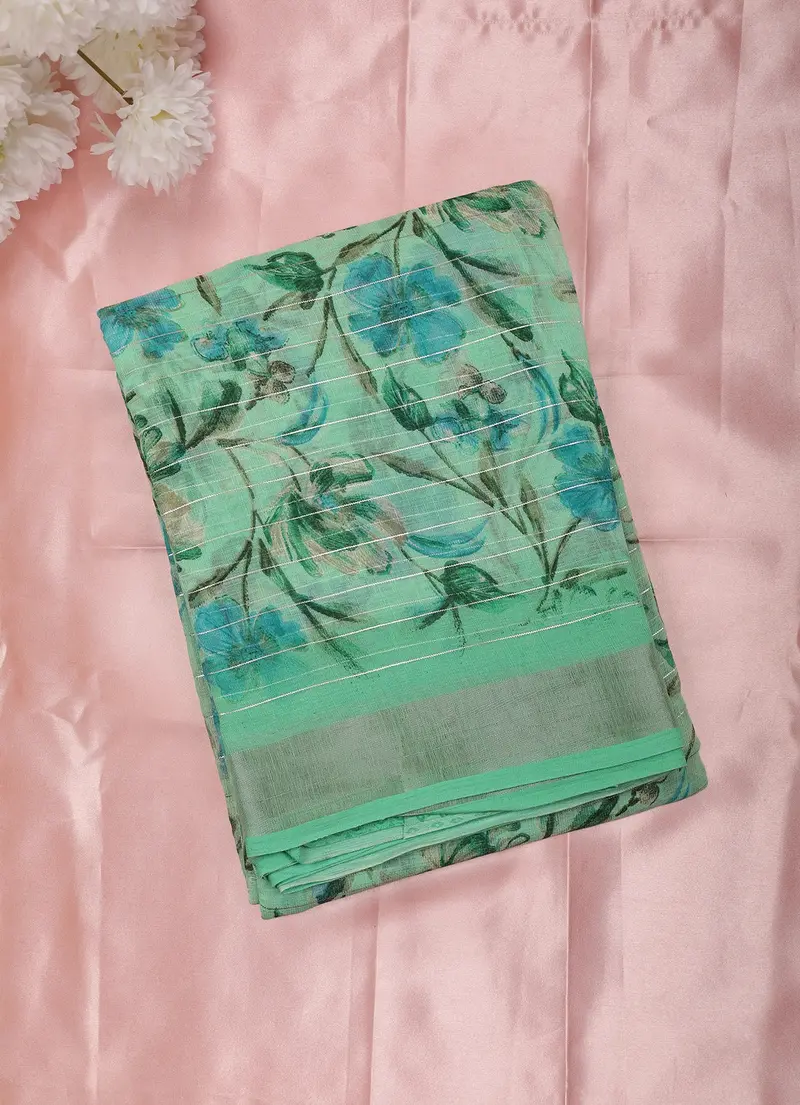 Mint Green Floral Printed Design Linen Cotton Saree 1