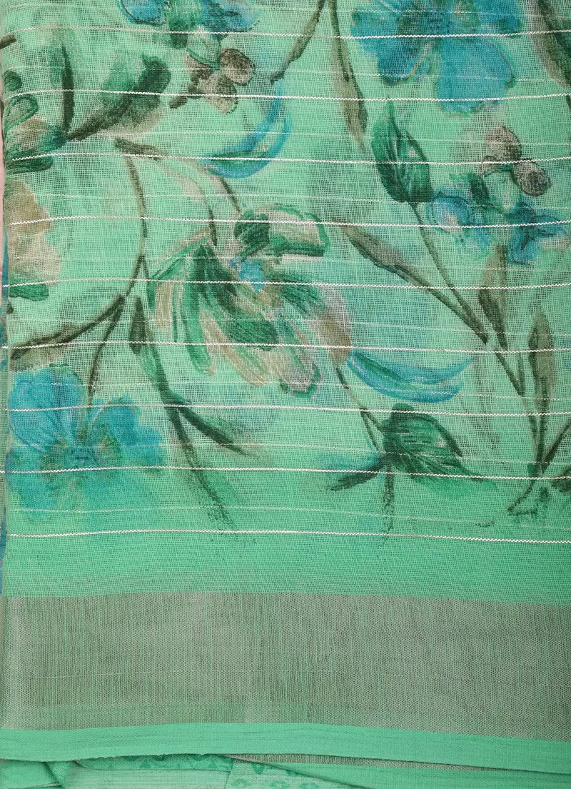 Mint Green Floral Printed Design Linen Cotton Saree 2