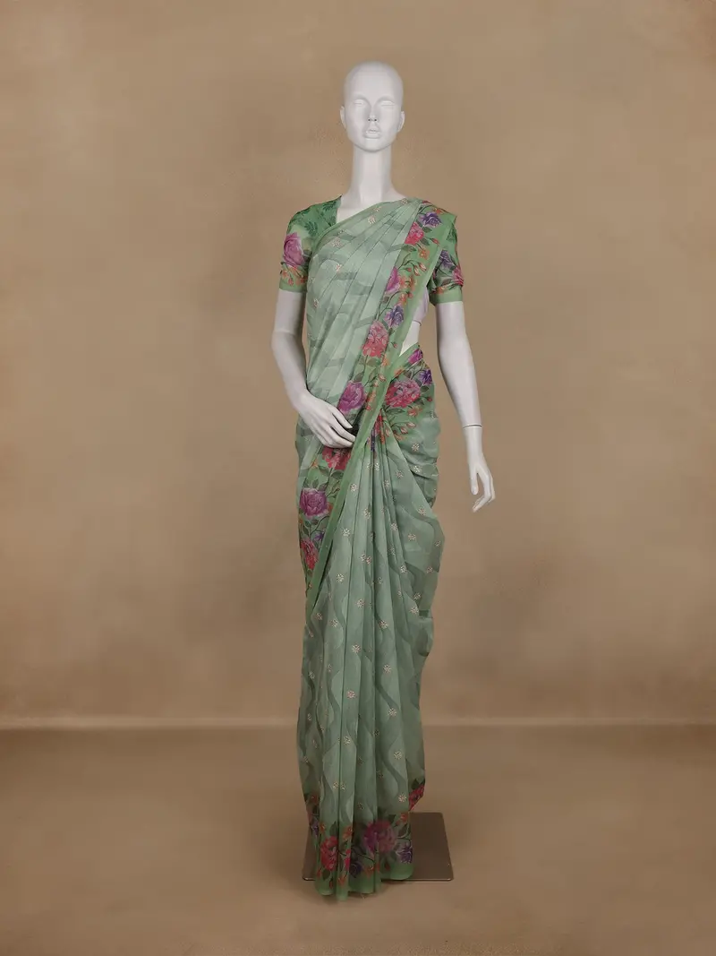 Mint Green Floral Printed Design Semi Tussar Saree 1