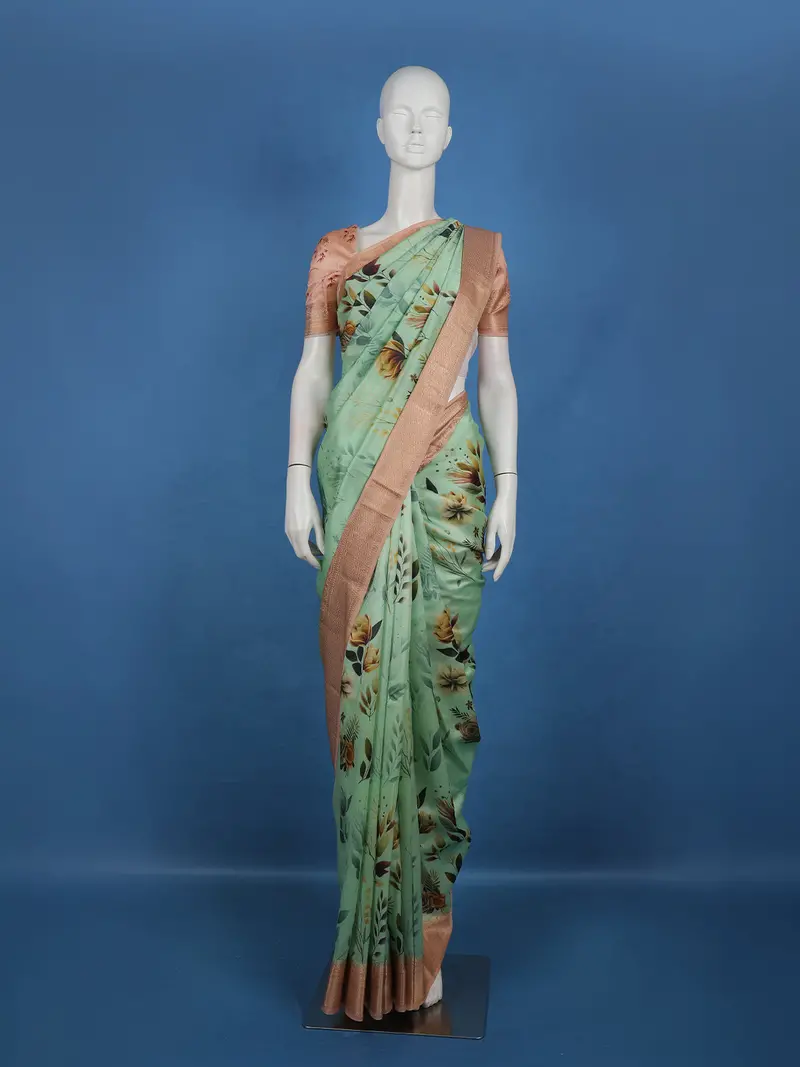 Mint Green Floral Printed Design Tussar Saree 1