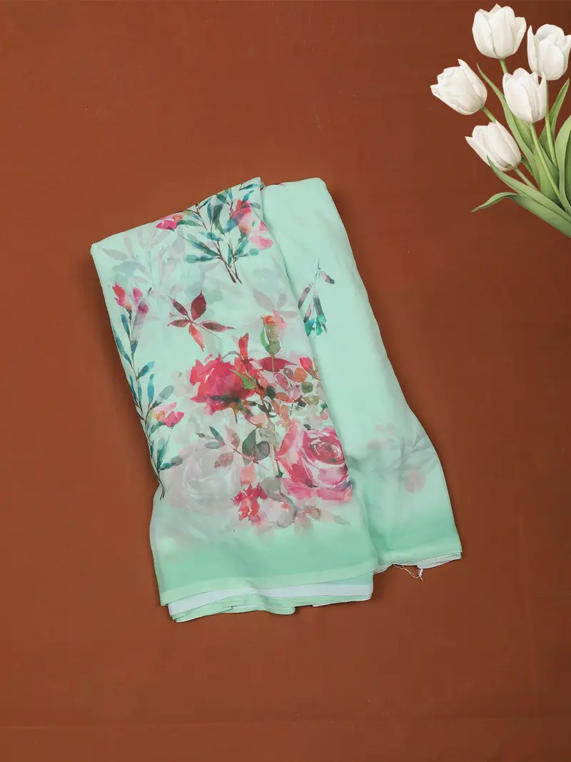 Mint Green Floral Printed Soft Chiffon Saree 1