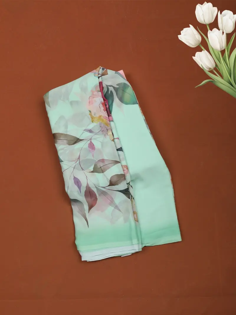 Mint Green Floral Printed Soft Chiffon Saree 1