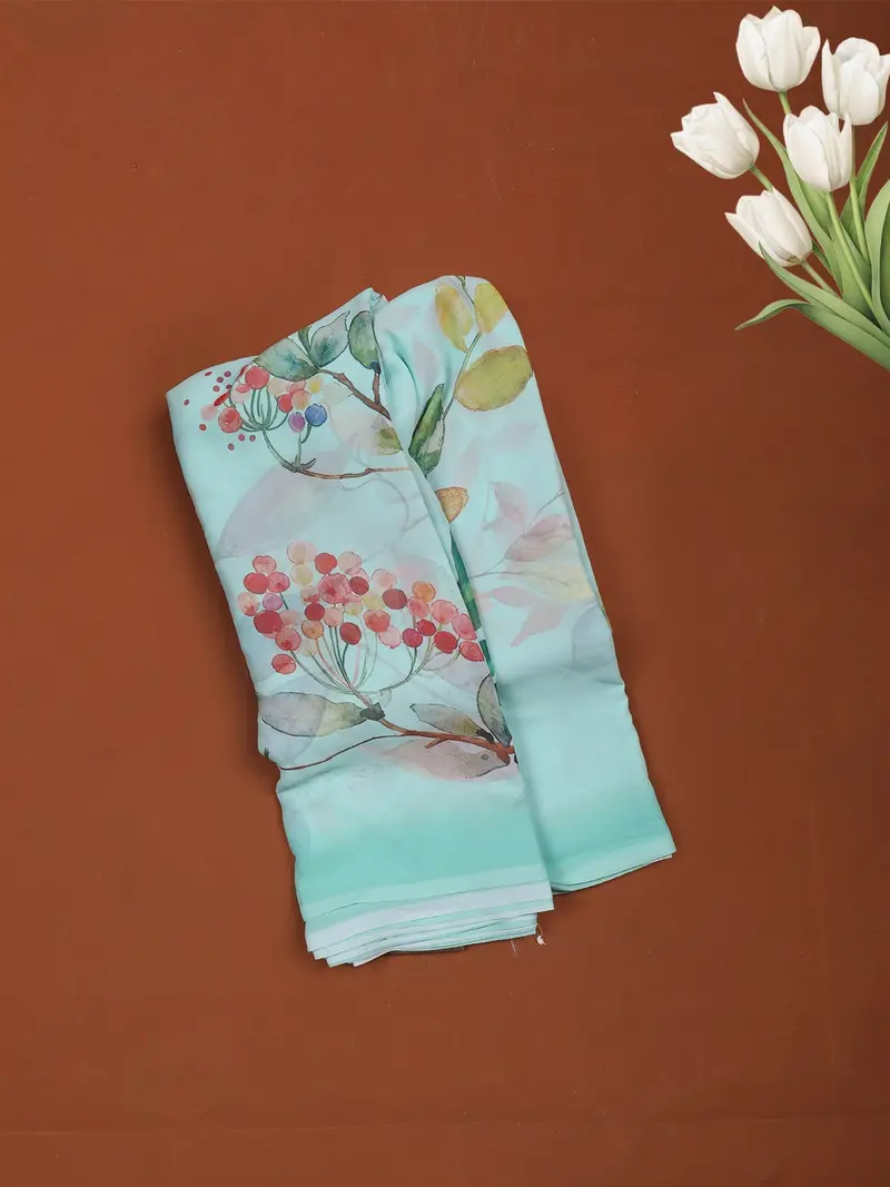 Mint Green Floral Printed Soft Chiffon Saree 1