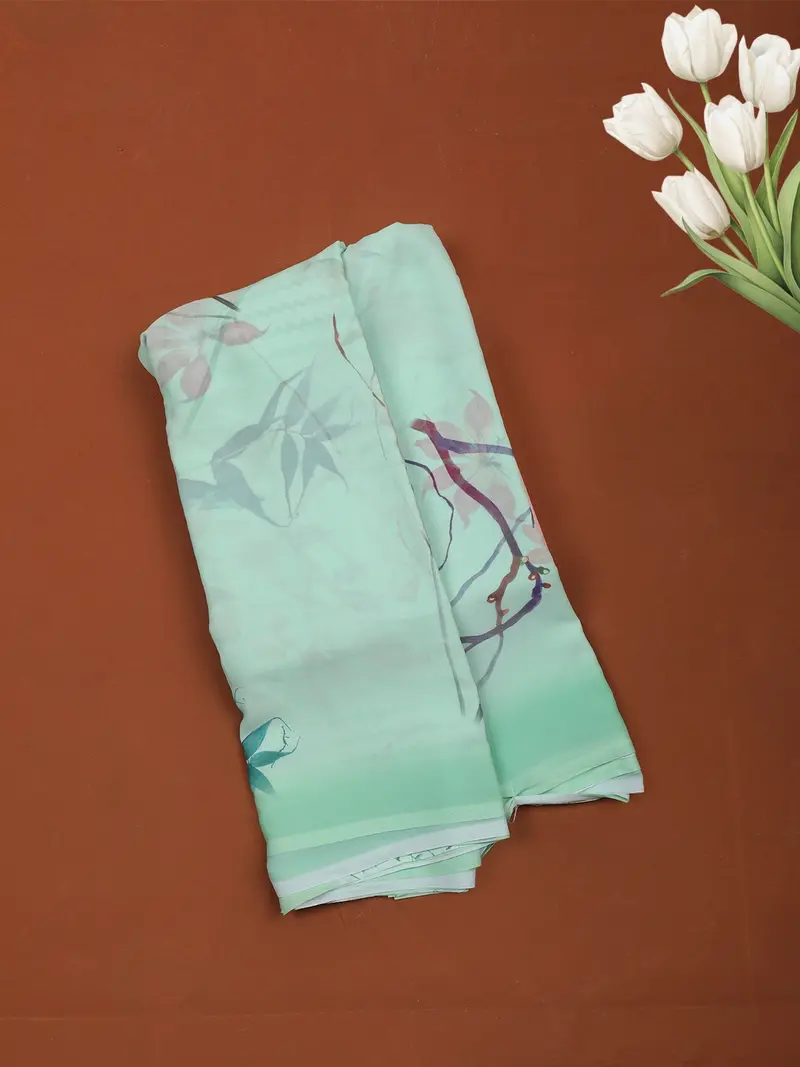 Mint Green Floral Printed Soft Chiffon Saree 1