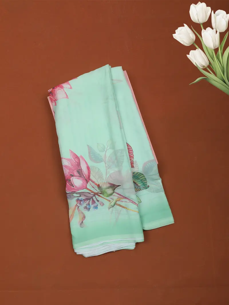 Mint Green Floral Printed Soft Chiffon Saree 1
