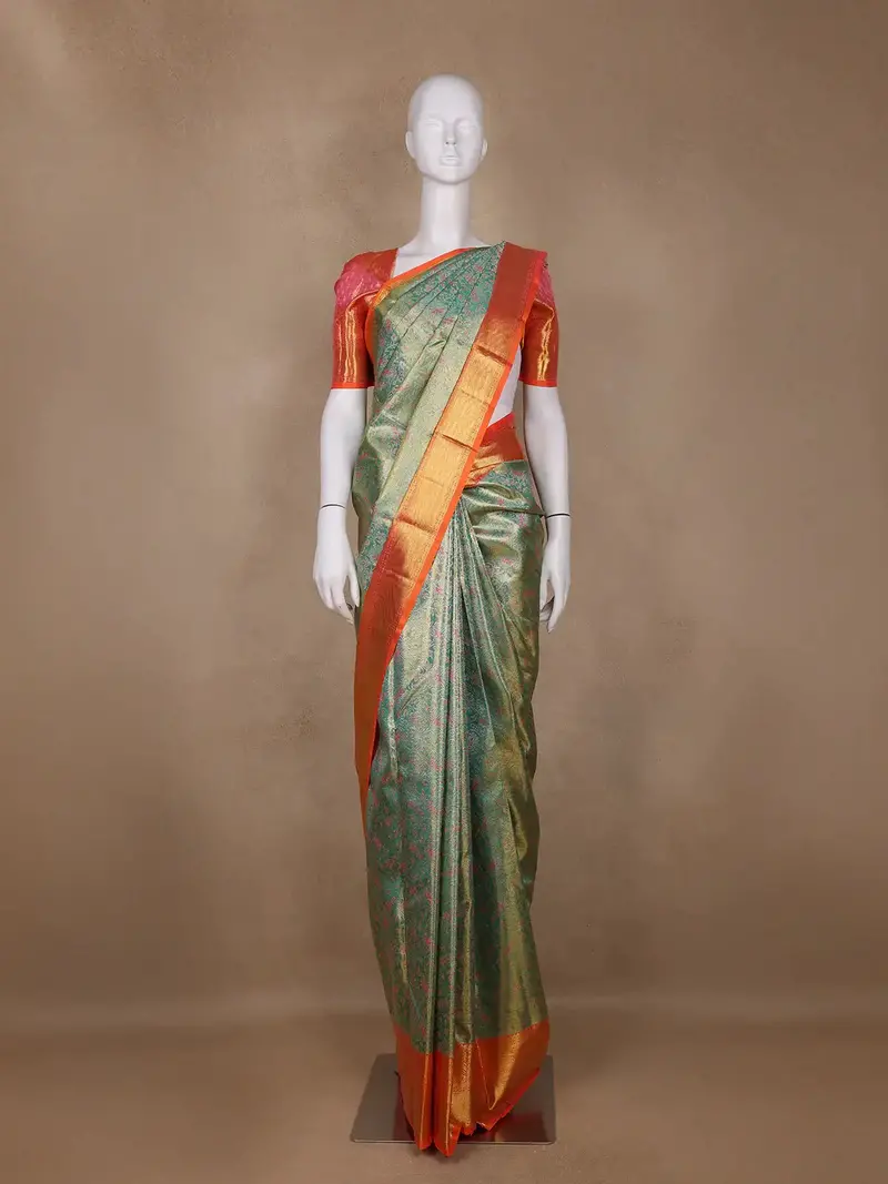 Mint Green Floral Woven Motifs Pure Kanchipuram Tissue Silk Saree 1