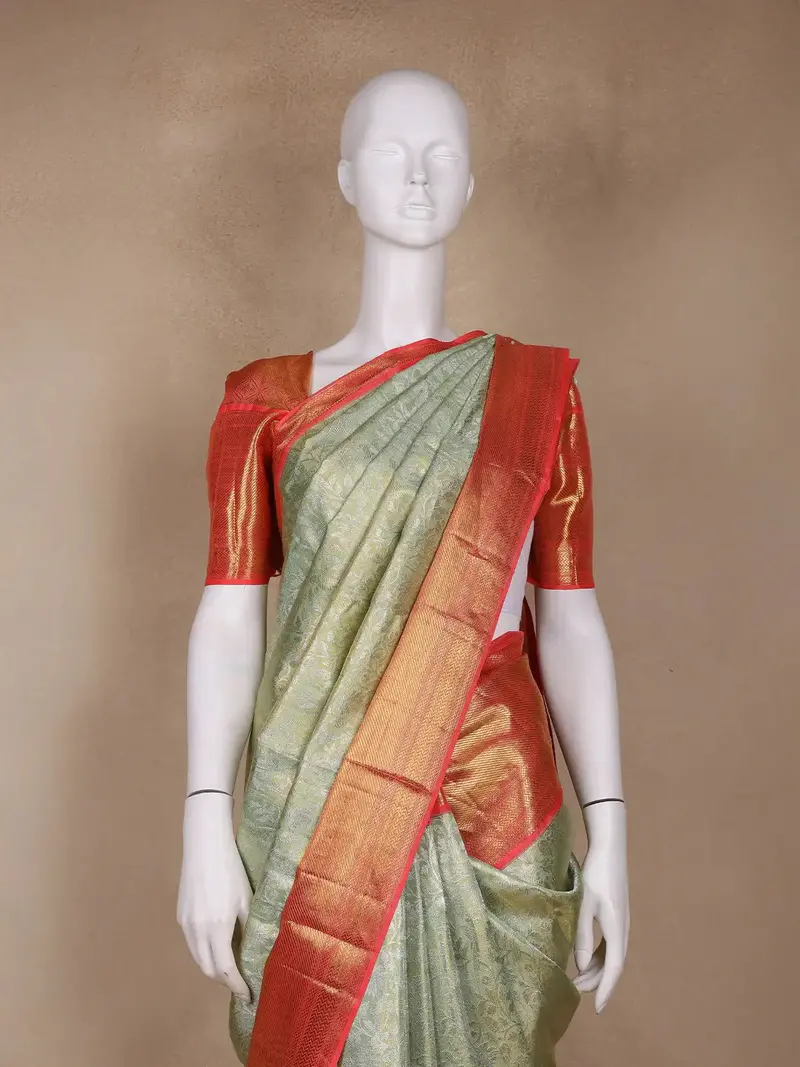 Mint Green Floral Woven Pure Tissue Silk Saree 2