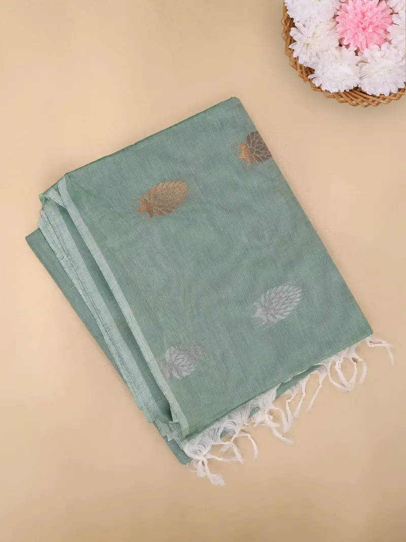 Mint Green Leaf Butta Woven Design Cotton Saree 1