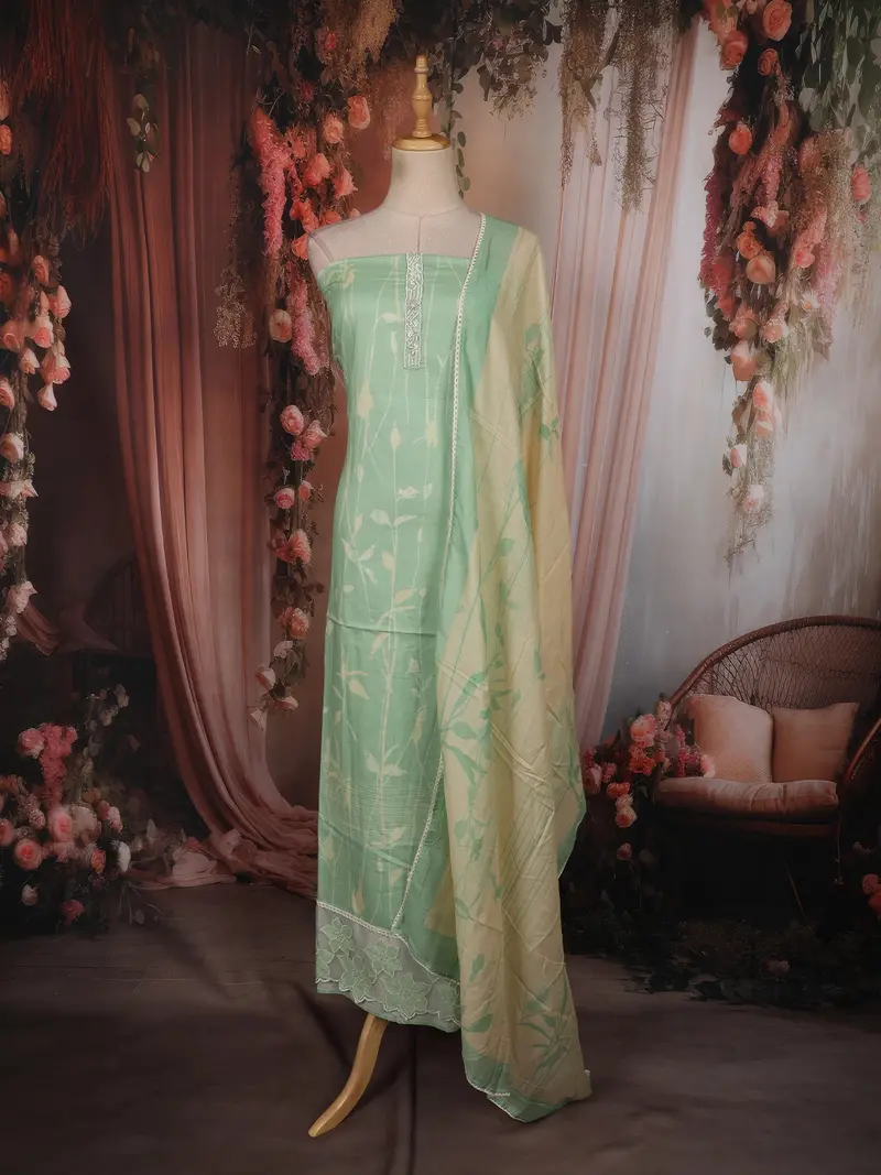 Mint Green Leaf Vine Printed Design Cotton Unstitched Salwar Material With Dupatta 1