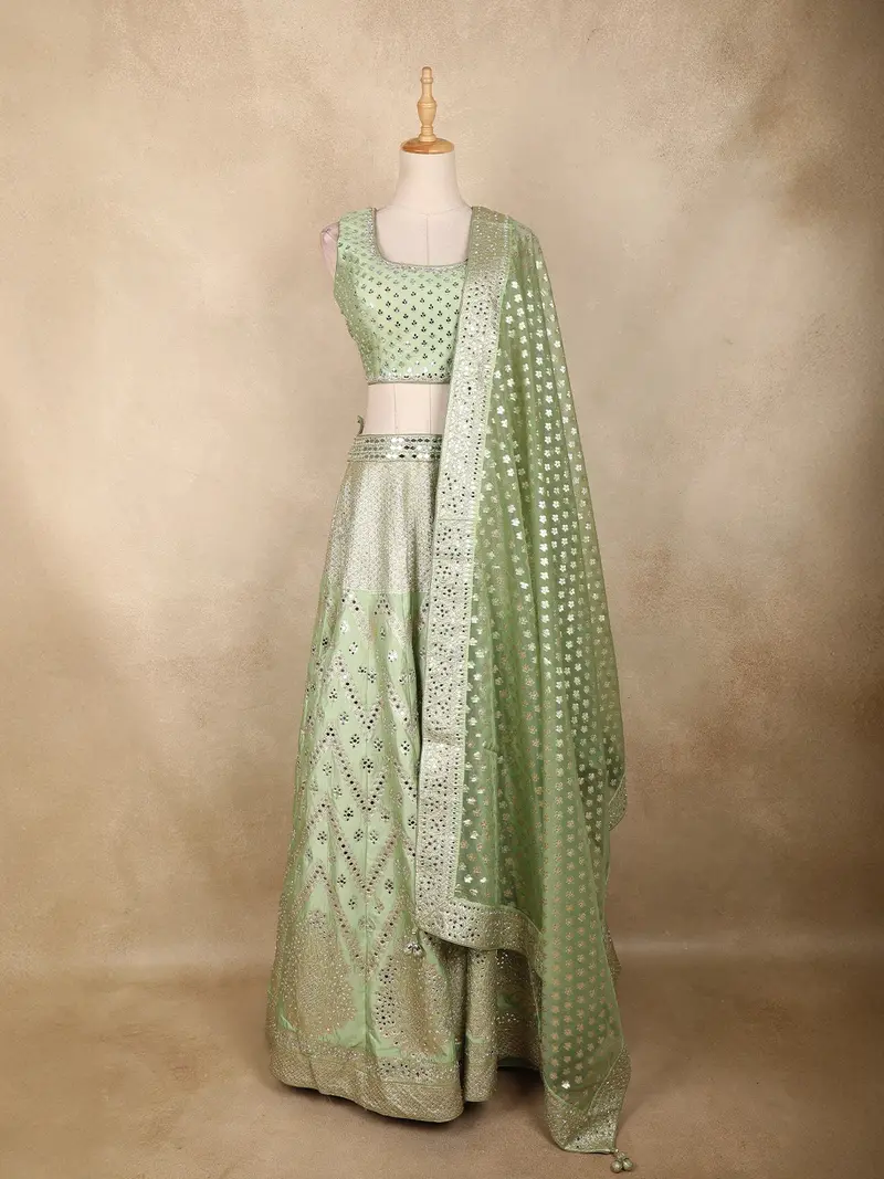 Mint Green Mirror Work Silk Lehenga Set With Dupatta 1