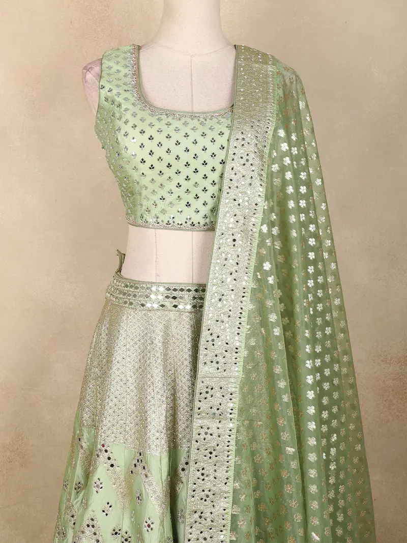Mint Green Mirror Work Silk Lehenga Set With Dupatta 2