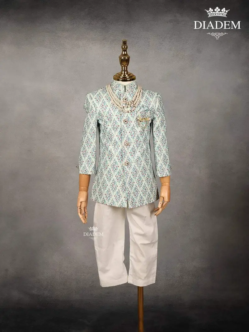 Mint Green Raw Silk Sherwani Set With Brooch And Beaded Mala 1