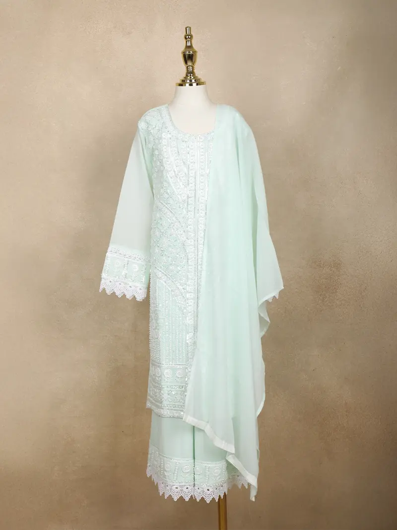 Mint Green Sequins And Thread Embroidered Georgette Palazzo Suit With Dupatta 1