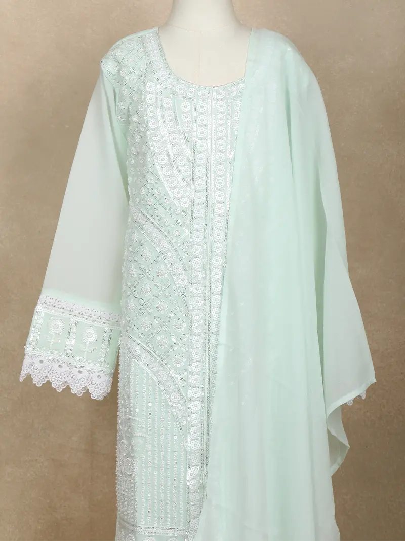 Mint Green Sequins And Thread Embroidered Georgette Palazzo Suit With Dupatta 2