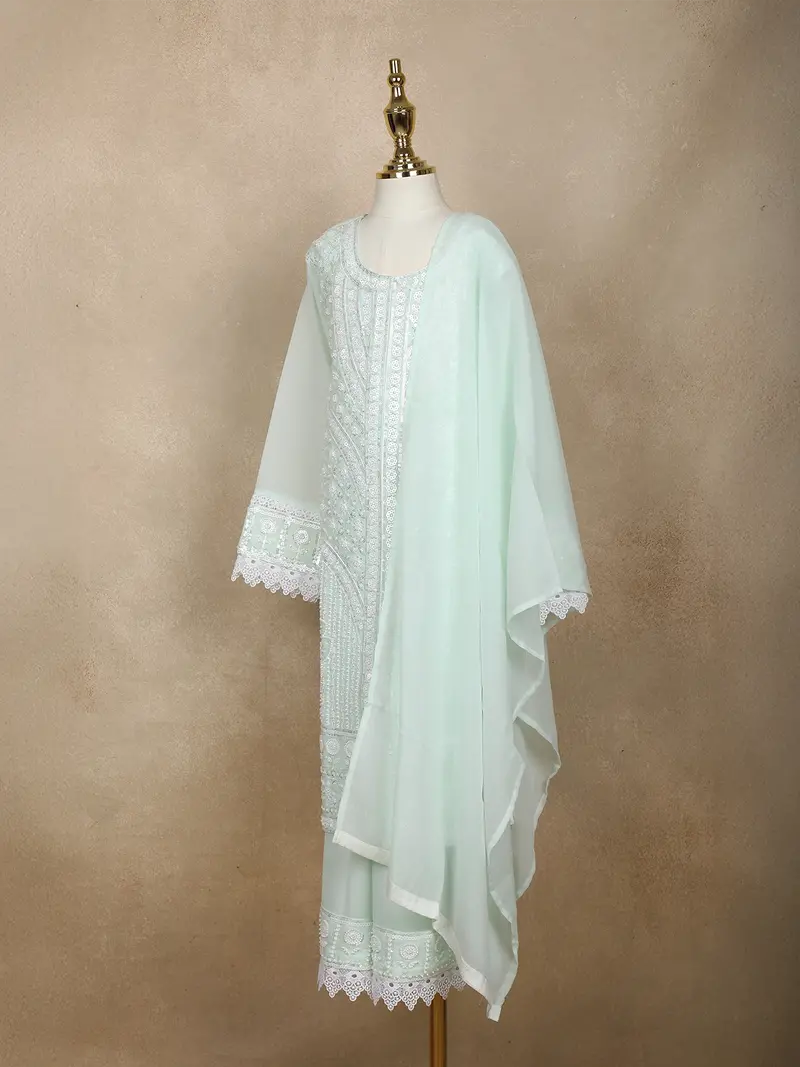 Mint Green Sequins And Thread Embroidered Georgette Palazzo Suit With Dupatta 3