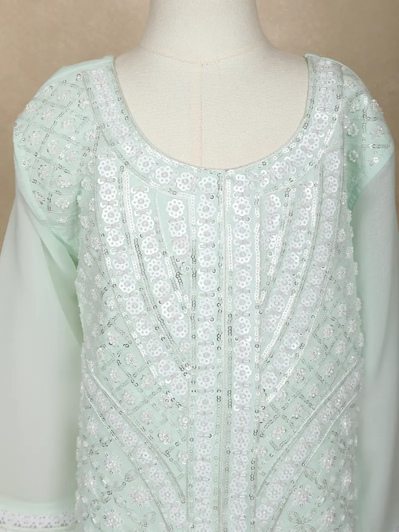 Mint Green Sequins And Thread Embroidered Georgette Palazzo Suit With Dupatta 4