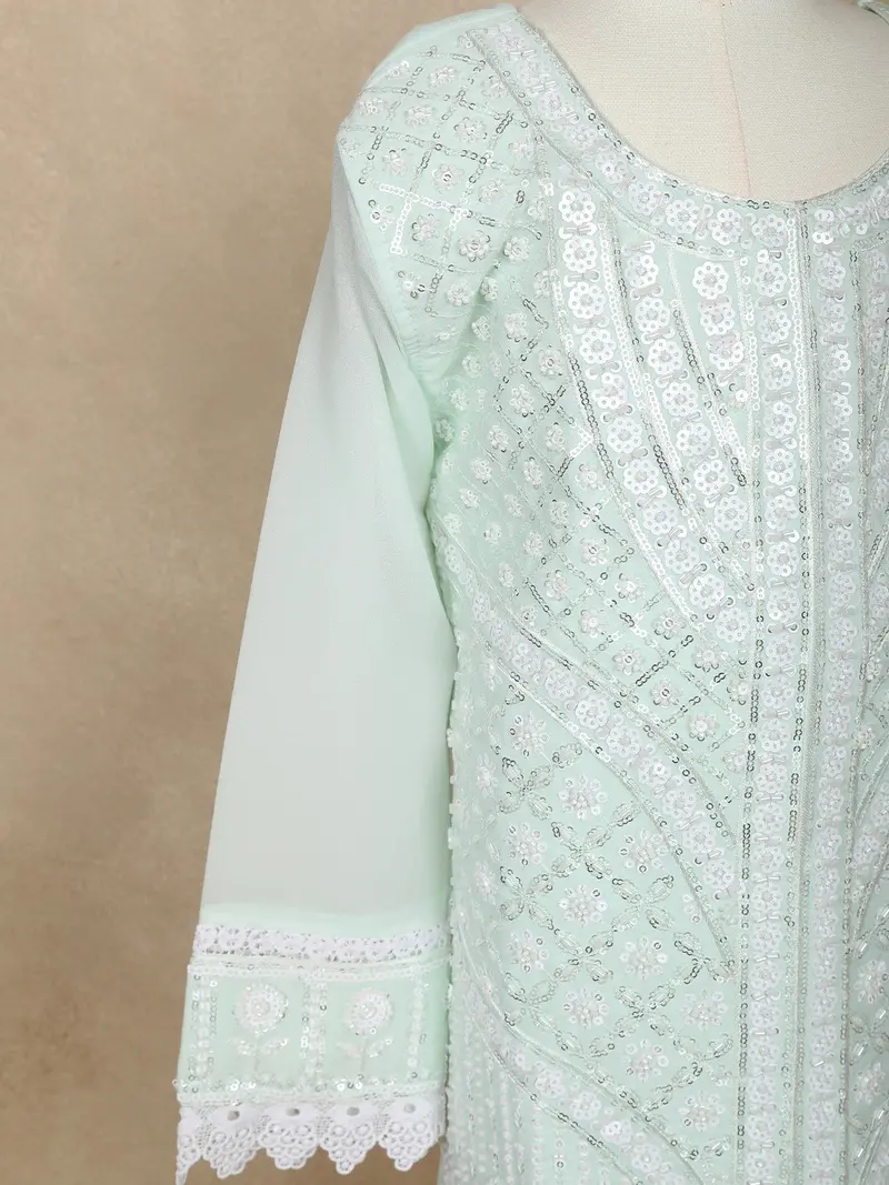 Mint Green Sequins And Thread Embroidered Georgette Palazzo Suit With Dupatta 5