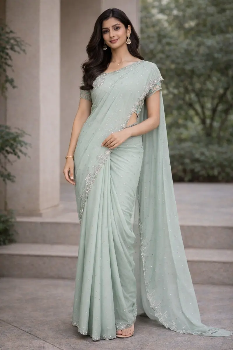 Mint Green Sequins Design Georgette Saree 1